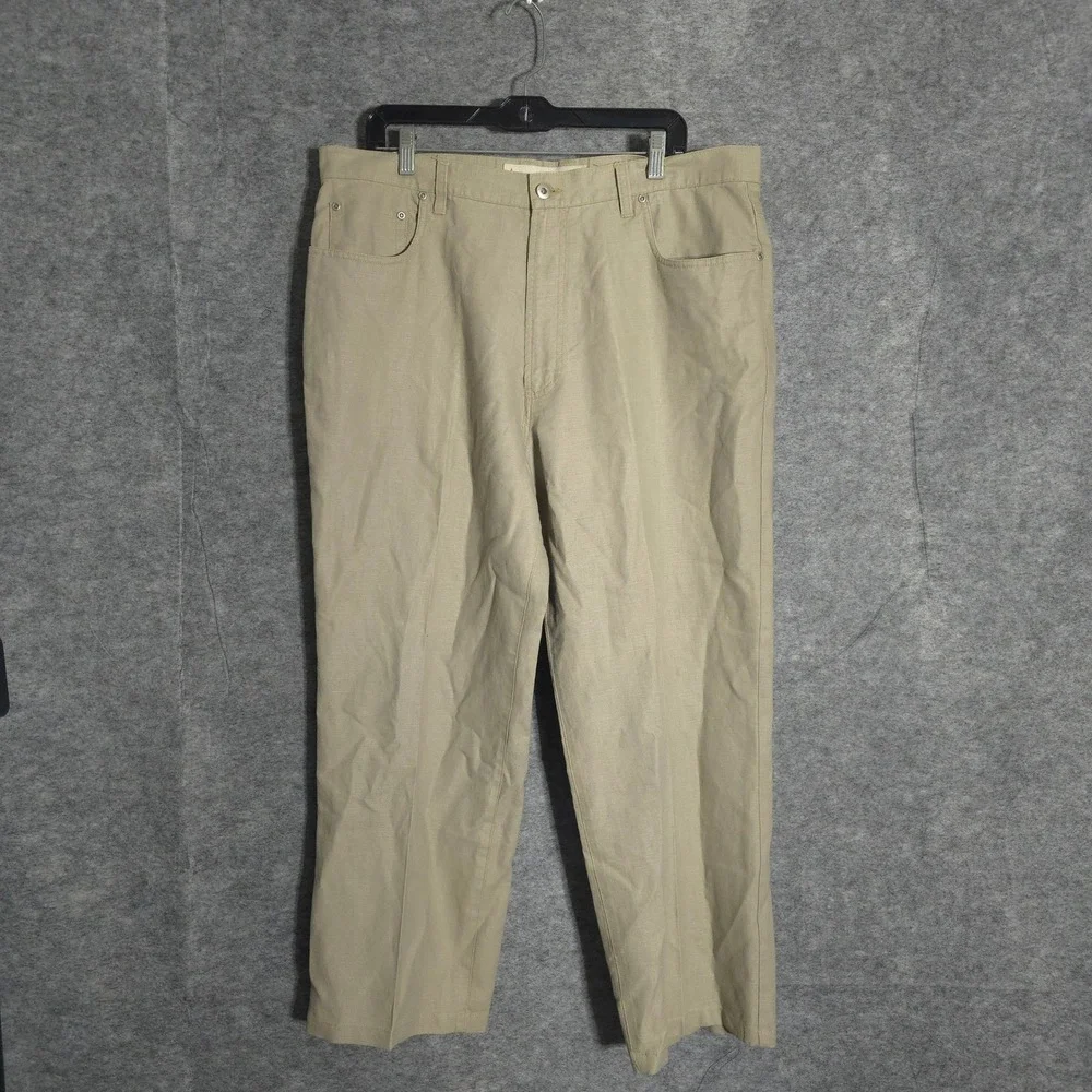 Perry Ellis America Pants Mens 38x30 Khaki Linen Cotton Blend Straight Chino